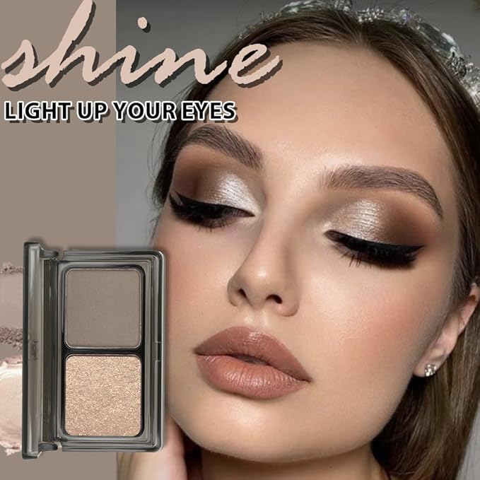 2 Color Shimmer & Matte Eyeshadow Palette Makeup, Brown Matte & Golden Champagne Shimmer Shades eye shadow for Womam, Long-Lasting & Highly Pigmented, Vegan & Cruelty-Free