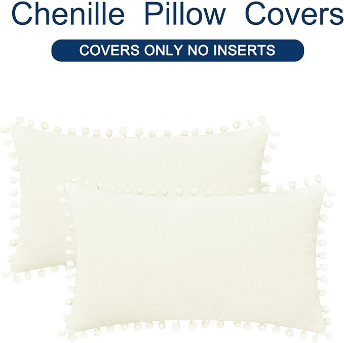 CaliTime Decorative Couch Throw Pillow Covers 20 X 12 Inches Cream | Pack of 2, Cozy Chenille Cushion Cases, with Pom Poms for Sofa Bed Living Room Farmhouse Home