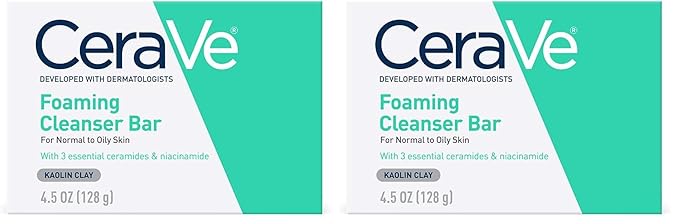 CeraVe Foaming Cleanser Bar, Soap-Free Body and Face Cleanser Bar for Oily Skin, Fragrance Free, 4.5 Ounce (Pack of 2)