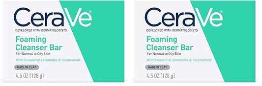 CeraVe Foaming Cleanser Bar, Soap-Free Body and Face Cleanser Bar for Oily Skin, Fragrance Free, 4.5 Ounce (Pack of 2)