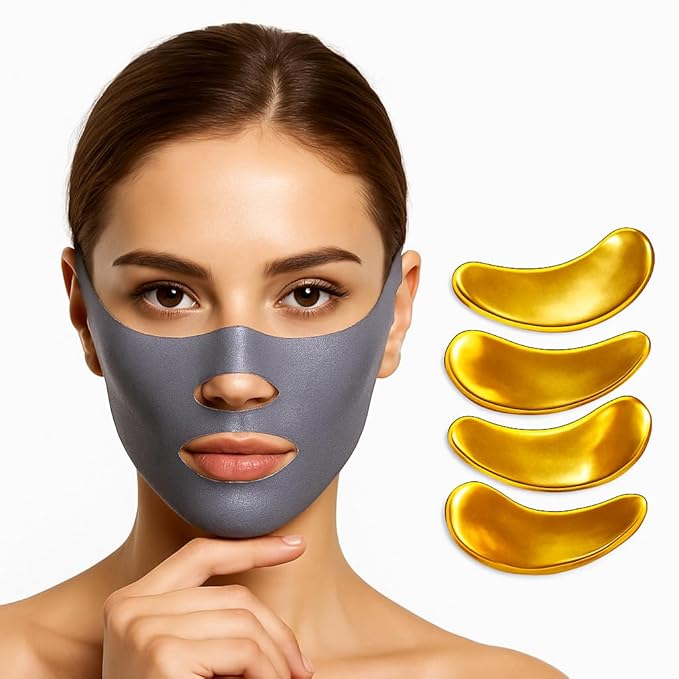 V Line Lifting Mask with 7-Pair Under Eye Patches for Puffy Eyes and Dark Circles – Spandex Face Lift Tape Jawline Shaper with 24K Gold Eye Patches – Luxurious Chin Lifting Mask