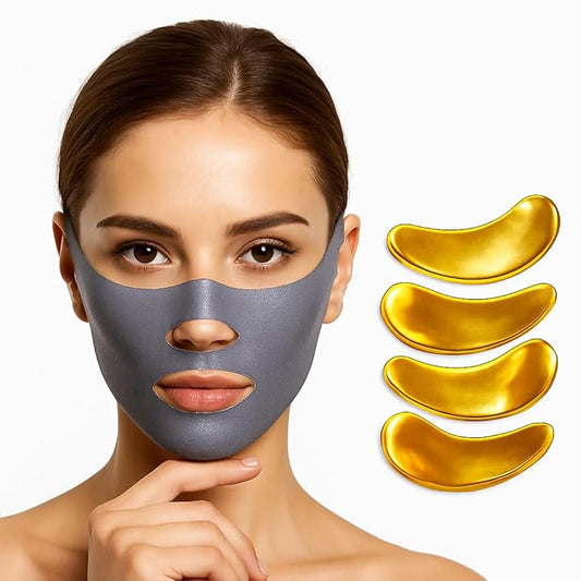 V Line Lifting Mask with 7-Pair Under Eye Patches for Puffy Eyes and Dark Circles – Spandex Face Lift Tape Jawline Shaper with 24K Gold Eye Patches – Luxurious Chin Lifting Mask