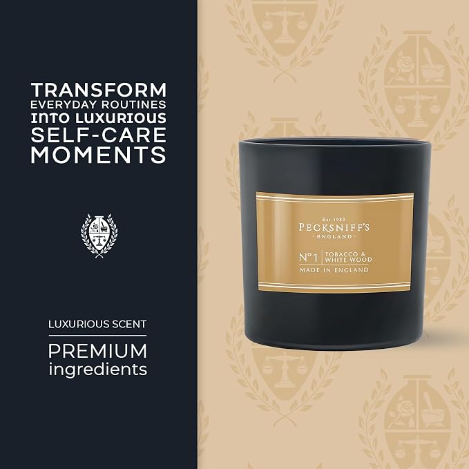 Pecksniff’s Tobacco & White Wood Scented Candle – 1 Wick, 184 g/6.49 oz – Oriental Luxury Fragrance – Black Glass Vessel – Made in England