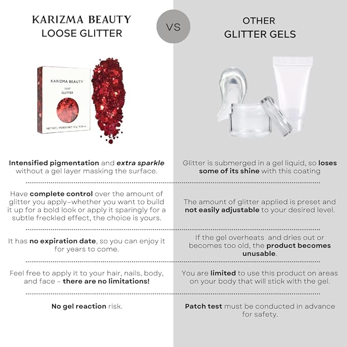 KARIZMA Vamp Glitter. 10g Chunky Face, Hair, Eye and Red Body for Women. Rave, Festival Accessories, Cosmetic Makeup. Loose Set