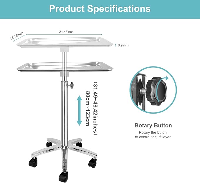 Premium Metal Extra Large Salon Tray Medical Tray Mayo Stand with Wheels
