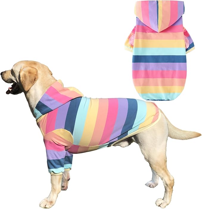Dog Cotton Hoodie Pullover Sweatshirts Soft and Stretch Pets Clothes Rainbow Stripe Hooded for Large Dogs XL