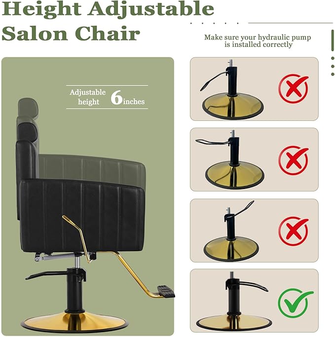 Black and Gold Salon Chair for Hair Stylist, Heavy Duty Hydraulic Barber Salon Chair with Vertical Stitch Design, 360° Swivel, Adjustable Height, Ergonomic Reclining Stylist Chairs for Beauty Salon