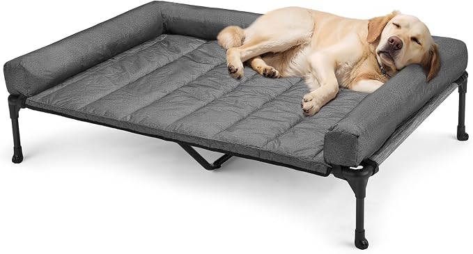 Veehoo Outdoor Elevated Dog Bed with Waterproof Bolster Cushion, Cooling | Raised Dog Bed with Removable & Washable Mat Topper, Breathable Mesh, Dog Couch Cot for Indoor Outdoor, 49", Large, Melange