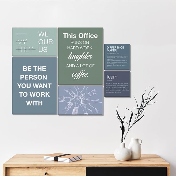 YEOION Motivational Office Wall Art,Inspirational Teamwork Wall Art for Office,Light Blue and Green Positive Teamwork Wall Decor for Workplace Set of 6
