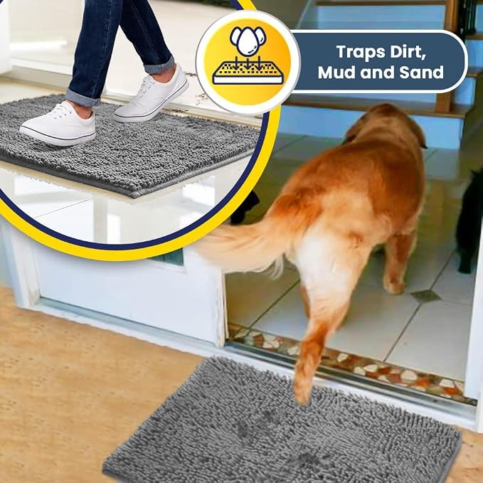 Muddy Mat® | Super Water Absorbent Door Mat Indoor, Microfiber Quick Dry Chenille Entryway Rug, Slip Resistant Front Door Mat, Indoor Mats for Entryway, Machine Washable Pet Rug, Light Grey 2ft x 4ft