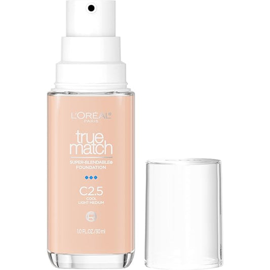 L'Oreal Paris True Match Super-Blendable Foundation, Medium Coverage Liquid Foundation Makeup, C2.5, Light Medium, 1 Fl Oz