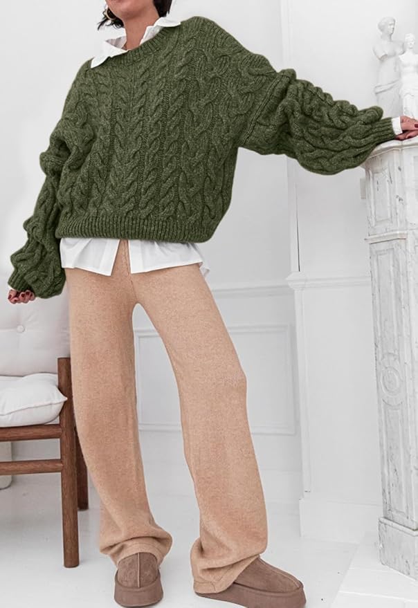 PRETTYGARDEN Womens Sweaters Spring 2026 Cable Knit Long Sleeve Crewneck Oversized Sweater Chunky Pullover Loose Outfits