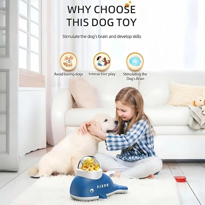 Interactive Dog Treat Dispenser Toy, Whale Shape Puzzle Feeder with Press Button and Rotating Design, White and Blue, Slow Feeding Game for Dogs and Cats
