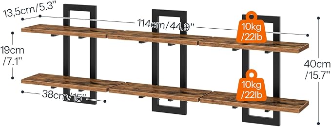 HOOBRO Floating Shelves, 15 Inch Wall Shelf Set of 3, Wall Mounted Storage Shelves 2-Tier, Hanging Bathroom Shelves, for Living Room, Bedroom, Bathroom, Kitchen, Rustic Brown and Black BF32BJP301