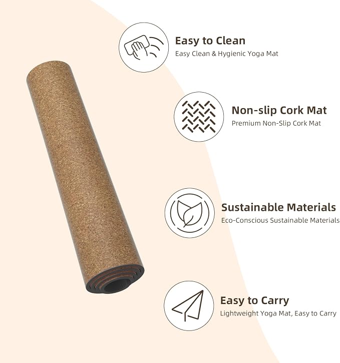 ILILI Eco-Friendly Cork Yoga Mat 1/4 inch Thick, 72''L*26''W, Non Slip Lightweight Cork and TPE Soft Exercise & Fitness Mat, Ideal for All Types of Yoga, Home, Gym & Studio Workouts