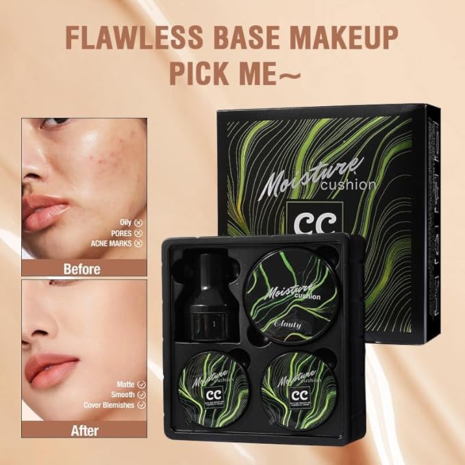 Moisture Cushion CC Cream Foundation for Mature Skin - Flawless Concealer BB Cream with Mushroom Sponge, Long-Lasting Waterproof Air Cushion, Natural (02# – Refill Kit (1 Full + 2 Refills))