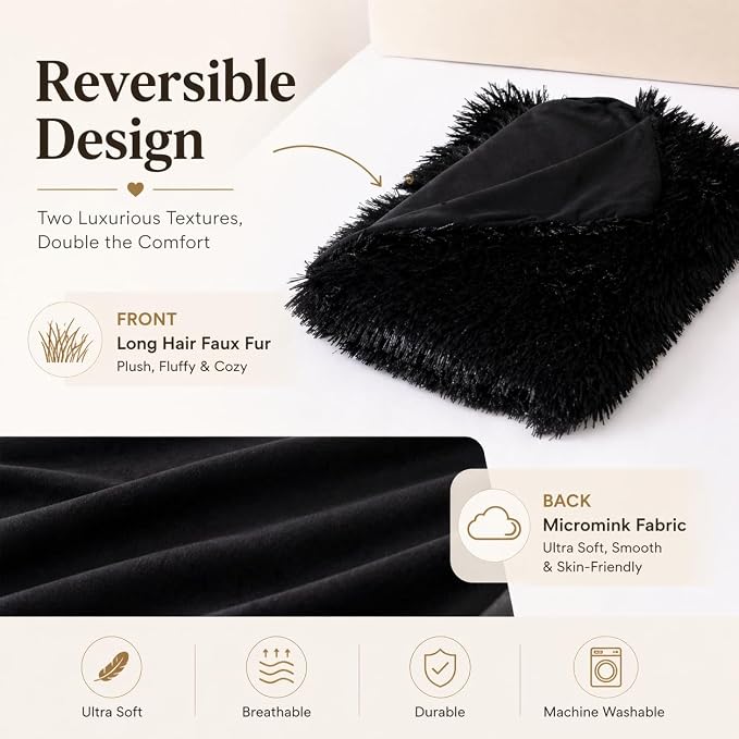 REAFORT Long Hair Faux Fur Body Pillow Cover 21"x54", Hidden Zipper (Black) | Ultra-soft long hair faux fur with a hidden zipper offers luxurious comfort and is machine washable for easy care.