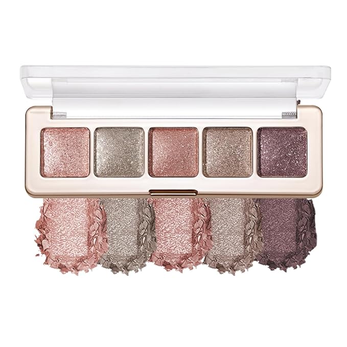 5 Colors Glitter Shimmer Eyeshadow Palette, High Pigment Sparkly Metallic Eye Makeup with Rose Quartz, Silver Champagne, Coral Pink, Taupe Gold & Plum Silver Shades for Festival, Party & Glam Looks 5