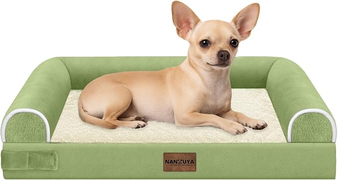 Orthopedic Dog Bed for Small Dogs, 24 x 16 Inch, Grass Green | Egg crate foam for joint support, 3-sided bolster pet sofa, waterproof lining, washable cover, and non-skid base