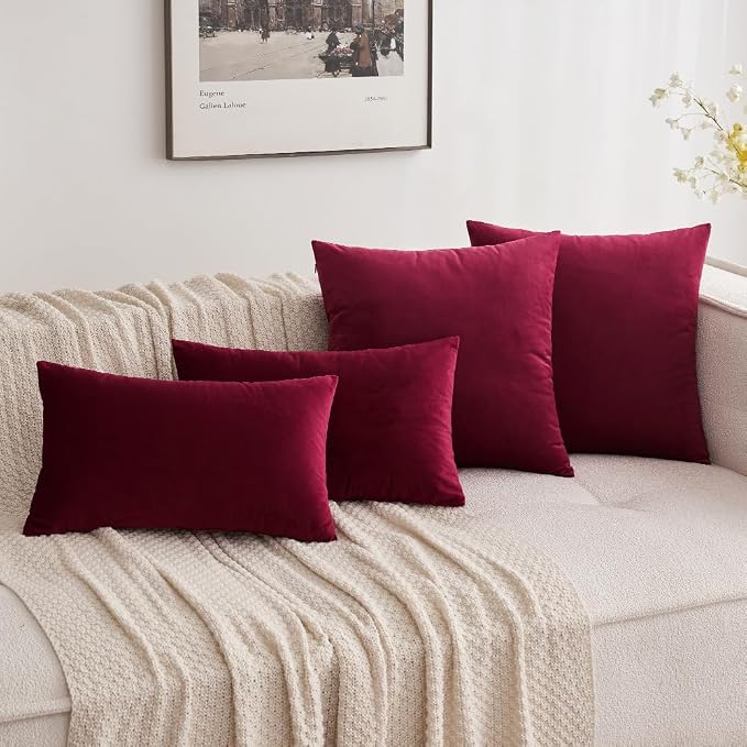 MIULEE Velvet Throw Pillow Covers 22x22 Inch Pack of 2 Wine Red | Soft Solid Decorative Pillow Covers, Modern Luxury Home Decor, for Couch Chair Sofa Bedroom Livingroom