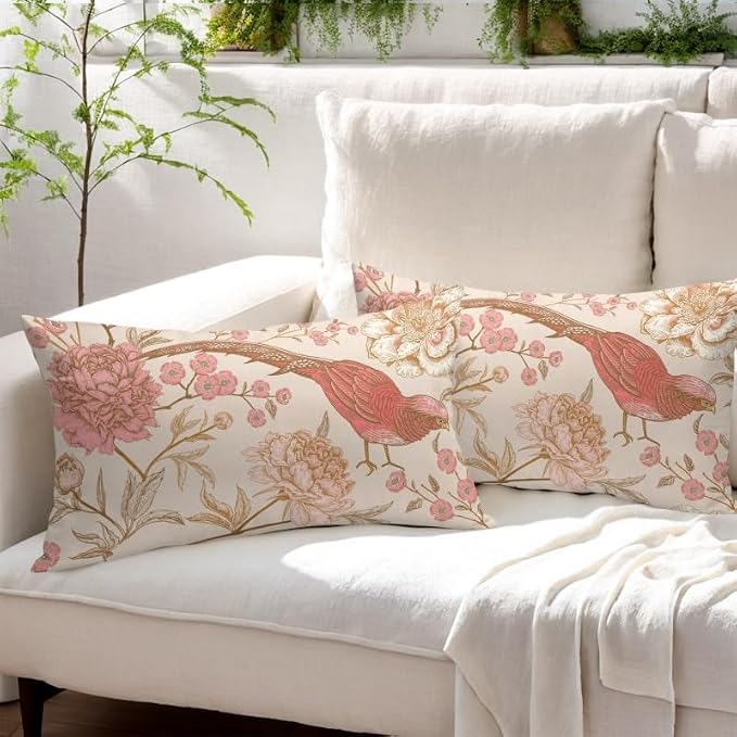 Flowers Birds Lumbar Pillow Covers 12X20 Inch Set of 2 Pink White Roses Floral Leaf Decorative Pillow Cases Art Retro Gold Cotton Linen Cushion Case Vintage Home Decor for Sofa Couch Porch Outdoor