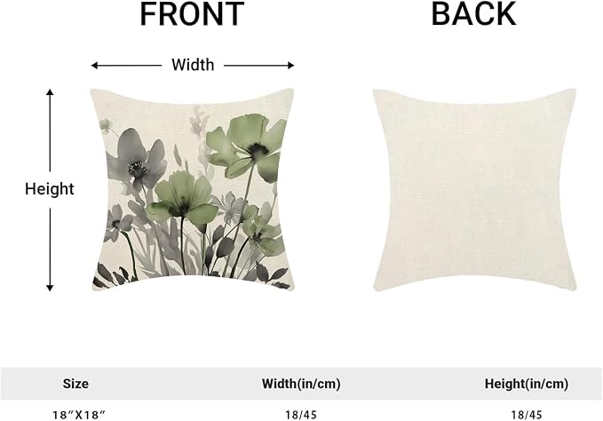 Spring Floral Pillow Covers 18x18 Inches Set of 2 Gray Sage Green Floral Throw Pillow Covers Outdoor Rustic Summer Flower Decoration Pillowcase Farmhouse Decorative Cushion Cover For Home Sofa