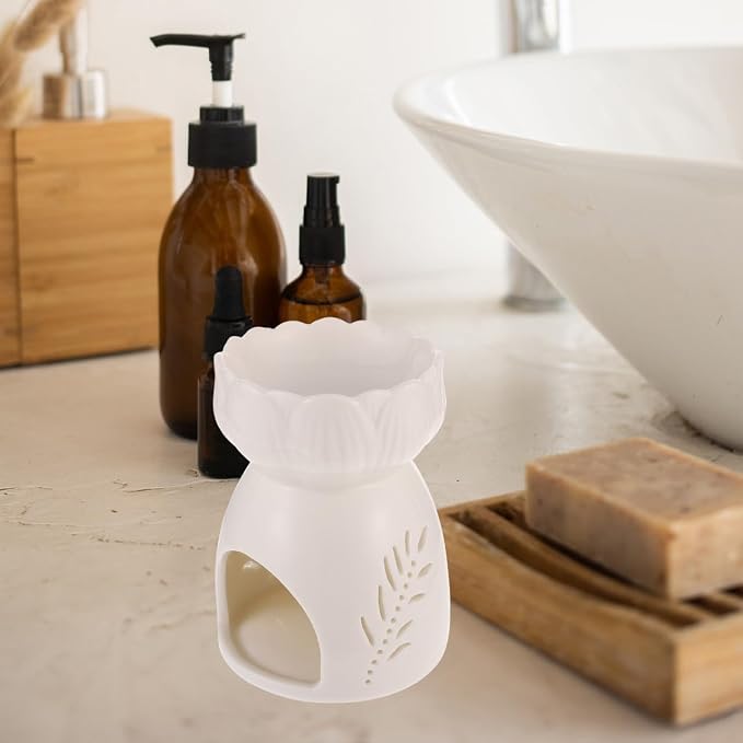 Ceramic Essential Oil Burner with Hollow-Out Design Tealight Candle Holder Aromatherapy Diffuser for Home Office Relaxation 4.13X3.14X3.14 Inch
