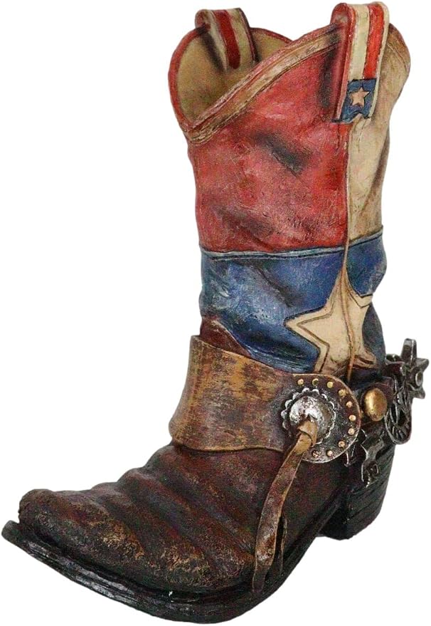 Ebros Gift Patriotic Texas State Flag Western Star Rustic Antiqued Cowboy Boot with Spur Hand Painted Resin Decorative Flower Bouquet Vase Or Planter Figurine American Spirit Home Decor Accent