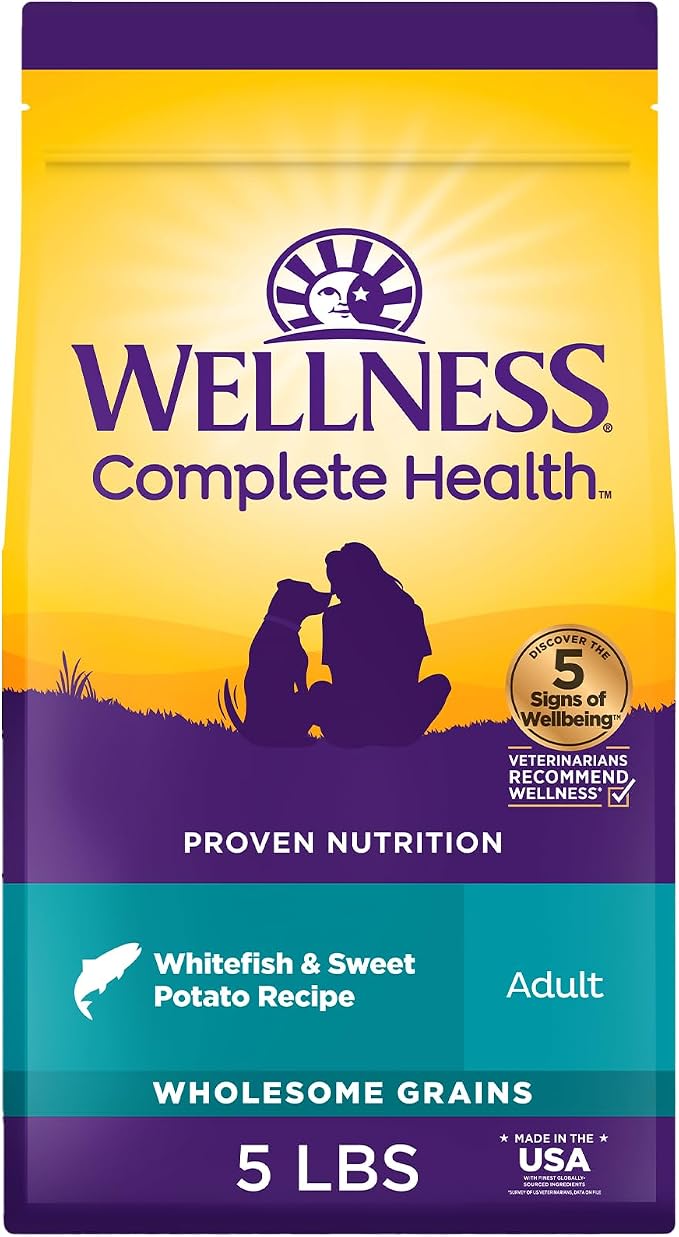 Wellness Complete Health Adult Dry Dog Food, Wholesome Grain Kibble, Natural, Chicken Free, Whitefish and Sweet Potato Recipe, 5 lb Bag