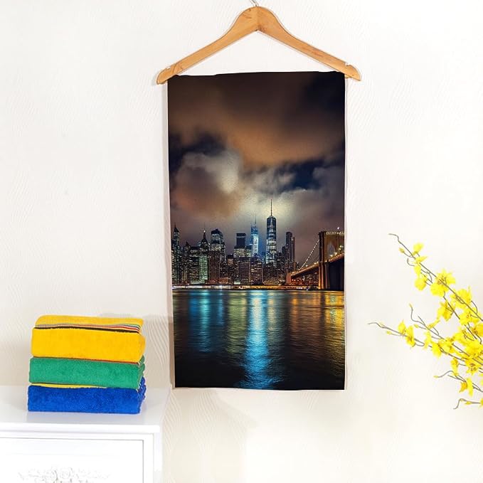 New York City Bath Towel 15X30 Inch Washcloths View of Manhattan at Sunset Bright Light Face/Body/Hair/Hand Towel for Spa Gym Yoga Swim Bathroom Kitchen Hotel