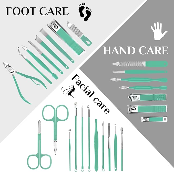 MINKINH Manicure Set Professional Nail Clipper Kit-26 Pieces Stainless Steel Manicure Kit,Nail Care Tools with Luxurious Travel Case Nail Grooming Kit Present for Men Woman Parent (Green)