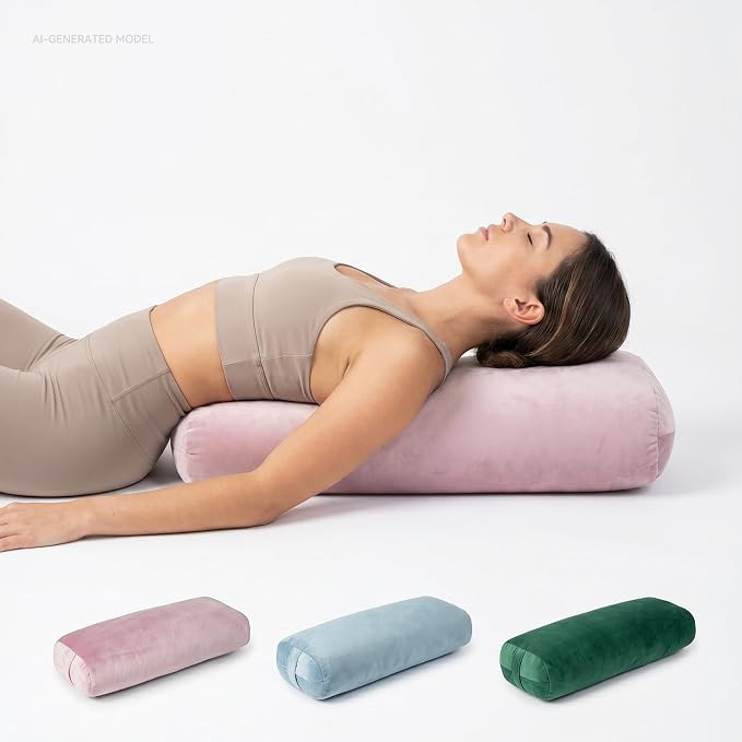 Yoga Bolster Pillow, Curved Wedge for Deep Stretch & Prenatal Support, 25"×12"×5", Sponge Bead-Cotton Filling, Velvet Cover with Zipper & Handle for Yoga, Meditation & Pilates (Light Pink)
