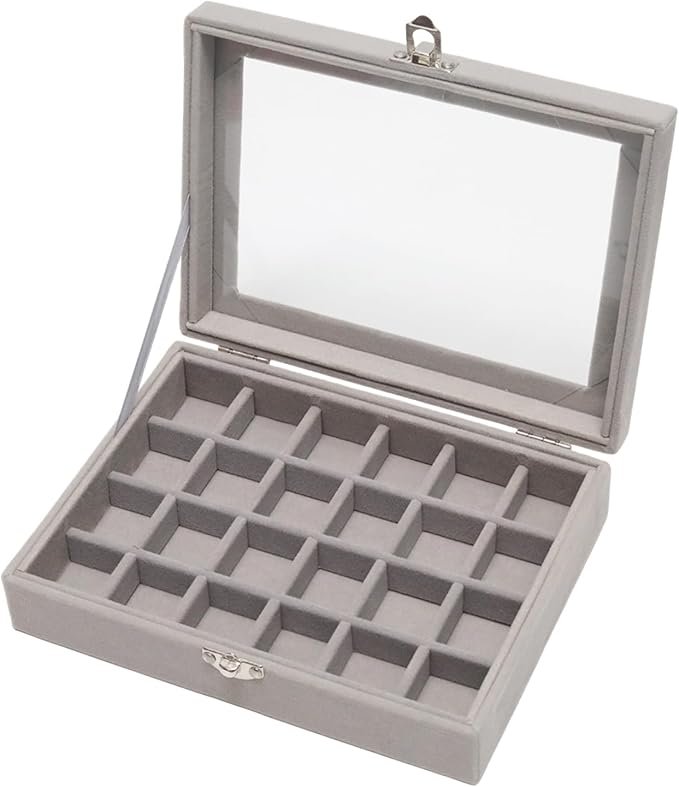 Small Velvet Jewelry Tray with Clear Lid, 24 Grids Gray | Lockable Ring Earring Holder Organizer Storage Box Case Jewelry Box Organizer for Rings Earrings Bracelets Brooches