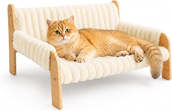 Elevated Cat Couch for Indoor Cats Wooden Cat Sofa for Kitty Puppy | Ultra-Soft Plush Raised Cat Bed,Removable Washable Cat Chair Hammock,Breathable Cat Furniture for Bedside Balcony Living Room