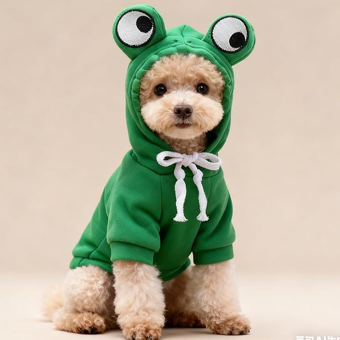 Fleece Lined Warm Dog Hoodie Green Frog Design Costume Pet Sweatshirt, XXL | Autumn Winter Spring Summer Cute Design Pet Clothing For 2-25 lbs Dog Cat French Bulldog Chihuahua Pug Poodle Dachshund