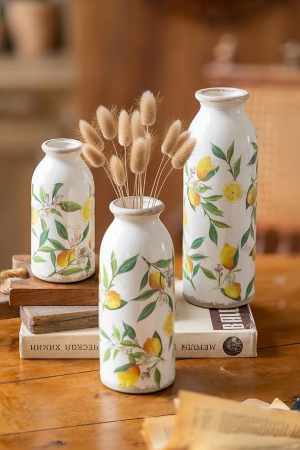 Teweiqi Vintage Vase Set of 3, Ceramic Flower Vases Decor, Rustic Farmhouse Vases Retro Decorative Vases, for Home Living Room Kitchen Table Mantle Shelf Decor - Lemon