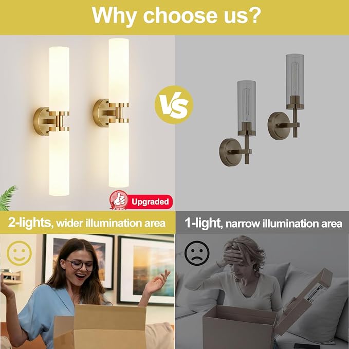 Wall Sconces Set of Two, Hardwired Brushed Gold Bathroom Sconces Wall Lighting with Milky White Glass, Modern Sconces Wall Decor Set of 2 Bathroom Light Fixtures for Mirror Living Room Hallway Bedroom