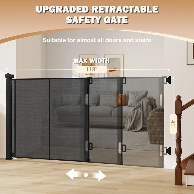 SMONTER Extra Wide Retractable Dog Gates, Mesh Baby Gate with Support Rods Extend to 118" Wide 44" Tall, Portable Safety Retractable Gate for Stairs, Indoor/Outdoor, Black