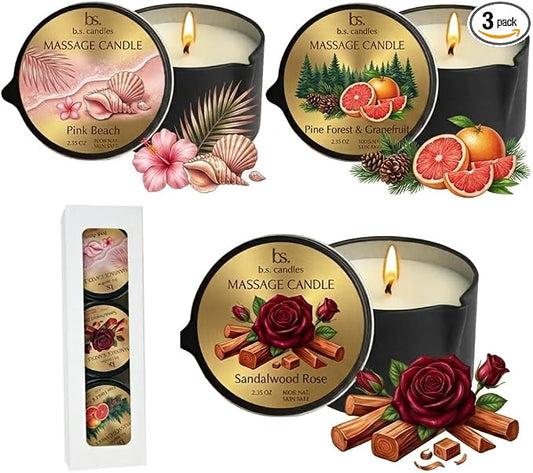 3 Pack Low Temperature Massage Candle Set, Soy Wax Melts into Nourishing Skin Oil with Jojoba & Shea Butter, for Home Spa & Relaxation, 2.35 oz - 3 Scents (Sandalwood Rose Sets)