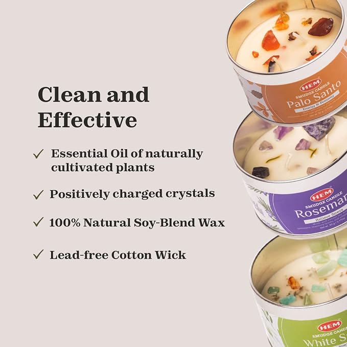 HEM Crystal Candle Gift Set – 3 Natural Soy Wax Candles (9.5 oz) | White Sage, Palo Santo & Rosemary Scents | 65-Hour Burn | Aromatherapy Candles for Cleansing, Meditation & Gifting.