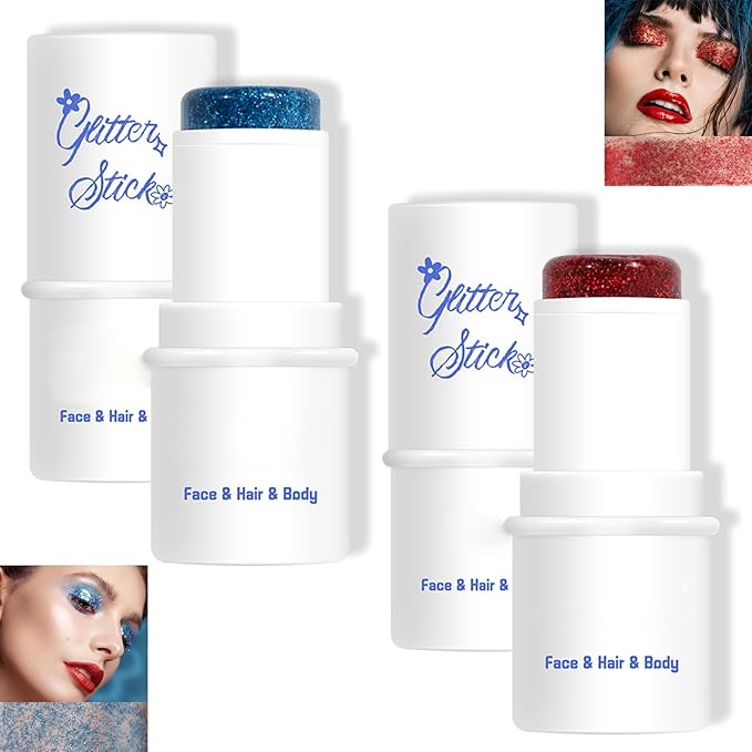 2 Colors Body Glitter Stick Chunky Glitter Gel for Face Body Hair Sparkling Holographic Mermaid Sequins Paint Multiuse Makeup Glitter Gel Red and Blue（2PCS）