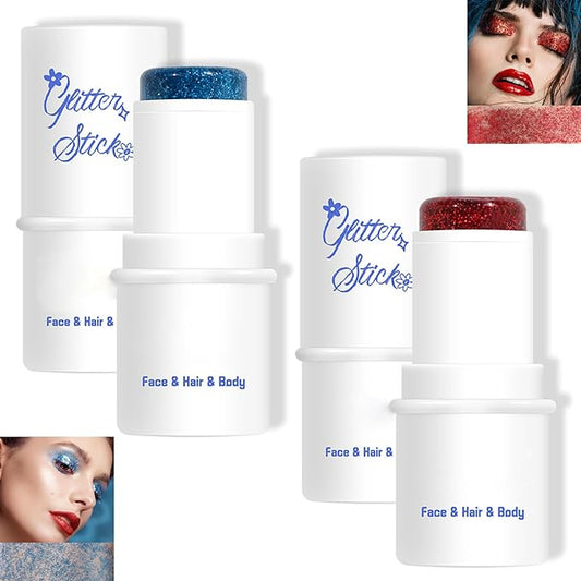 2 Colors Body Glitter Stick Chunky Glitter Gel for Face Body Hair Sparkling Holographic Mermaid Sequins Paint Multiuse Makeup Glitter Gel Red and Blue（2PCS）