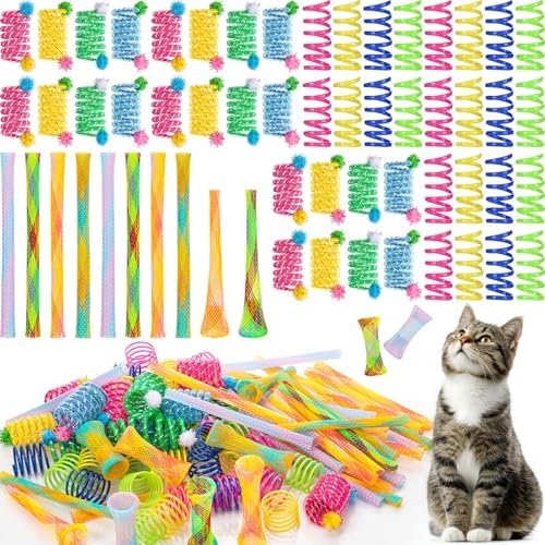 100 Pcs Cat Springs Toys Pack for Indoor Kitten Colorful Cat Supplies Include Interactive Plastic Coil Spiral Spring Rolling Mesh Tubes for Kitten Stray Cats to Bouncing Play Hunt