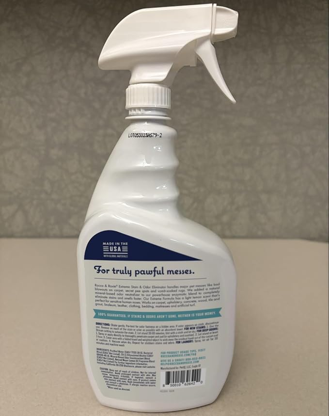 Rocco & Roxie Extreme Enzyme Stain & Odor Eliminator Spray | Bio-enzymatic + mineral formula; Meyer lemon scent; for carpets, bedding, litter boxes, crates, cars & laundry; made in USA