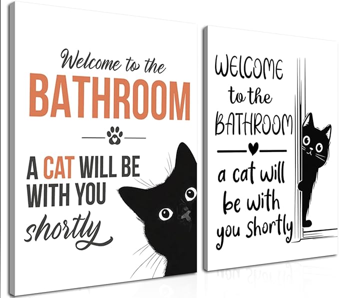 MUWAK Funny Welcome to the Bathroom Slogan Wall Art Set of 2 – Cat will Be With You Shortly Canvas Prints, Funny Bathroom Sign Pictures Wall Decor for Restroom, Washroom – 12x16in