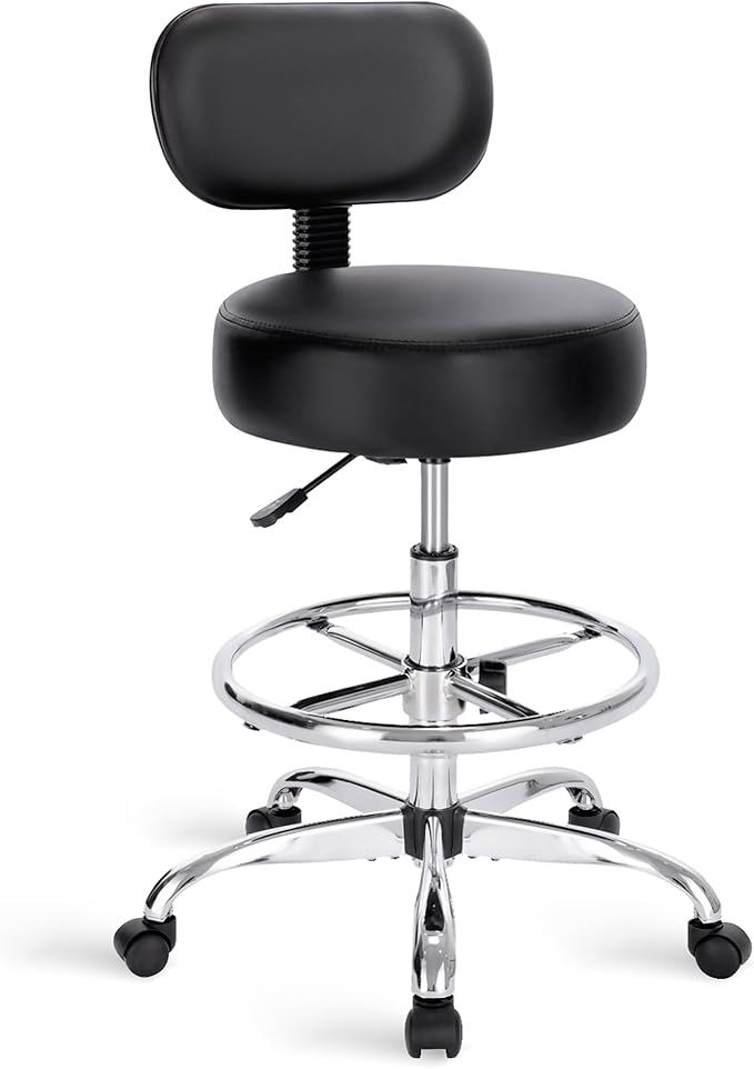 SUPERJARE Drafting Chair with Back, Adjustable Foot Rest Rolling Stool, Multi-Purpose Office Desk Chair, Thick Seat Cushion for Home Bar Kitchen Shop - Black 7205B