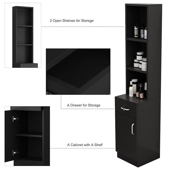 Paddie Wall Mount Salon Stations for Hair Stylist, Hair Salon Storage Cabinet Beauty Barber Stations w/Lockable Drawers/Storage Cabinet, 13.4" L x 70.1" H(Black2)