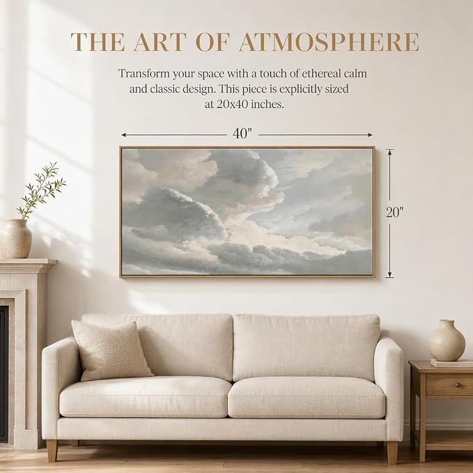 DJSYLIFE Large Framed Wall Art, Vintage Sunset Clouds Landscape, 20x40 Inch | Classic Sky Oil Painting Print, Country Canvas Artwork, Farmhouse Decor for Living Room Bedroom, Ready to Hang for Above Bed