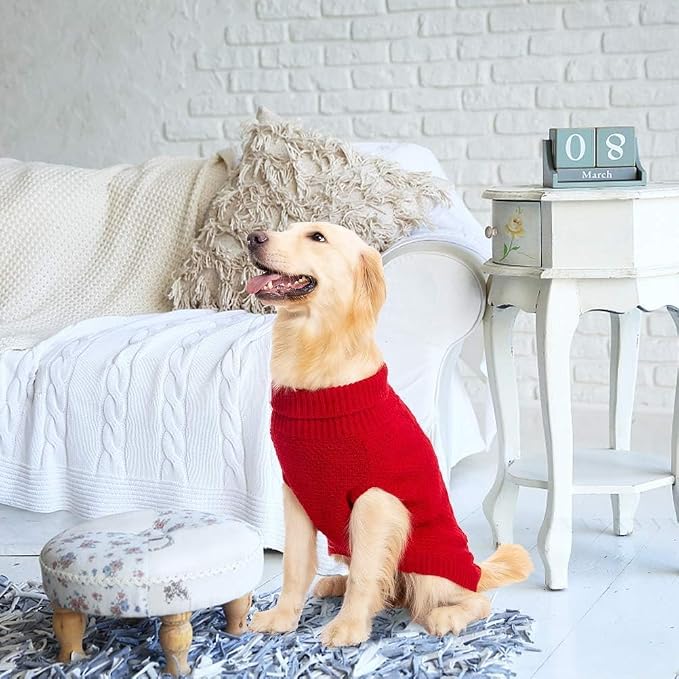 Mihachi Turtleneck Dog Sweater - Winter Coat Apparel Classic Cable Knit Clothes with Leash Hole for Cold Weather, Ideal Gift for Pet in New Year Red 3XL