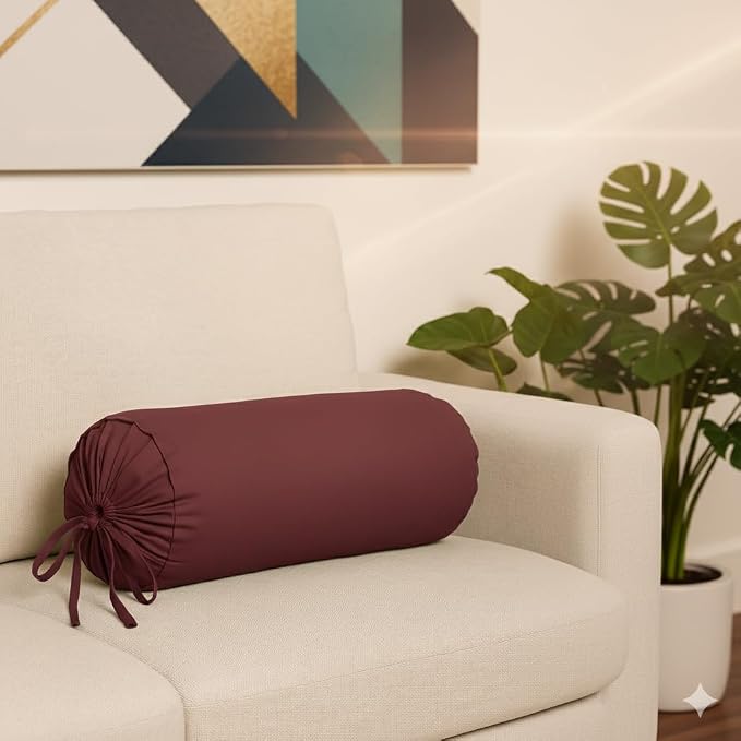 Cervical Neck Roll Pillow Cover with Cotton Bolster Pillowcases for Cylindrical Cushion and Drawstring Closure Round Neck Pillowcase 6" x 18" (15 x 45 cm), Wine